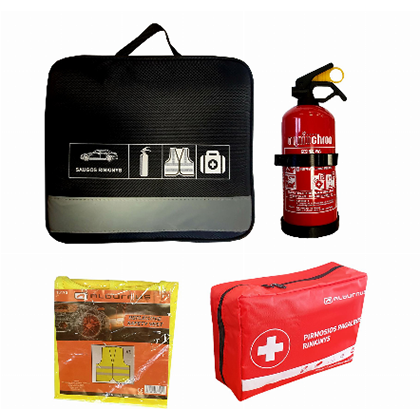 Rinkinys. Vaistinėlė (naujos sudėties), gesintuvas (1kg), liemenė